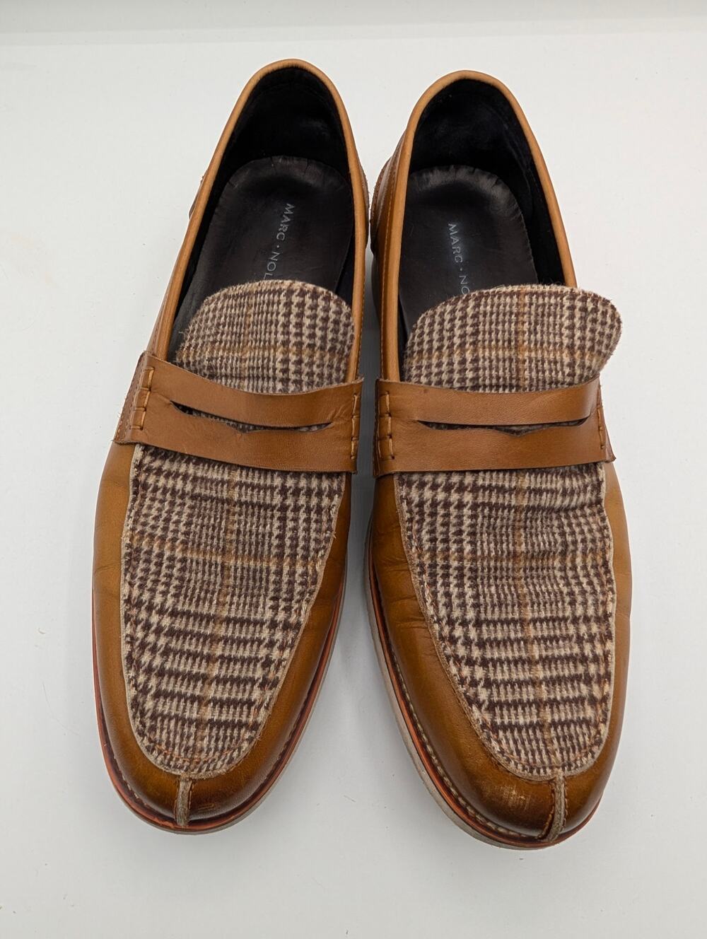 Marc Nolan Abe Brown Tweed Plaid Leather Penny Loafers Mens Size 10